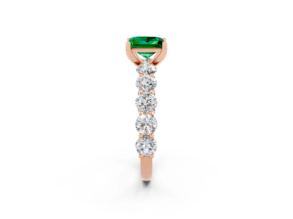 Rose gold Princess Cut Emerald Prong Setting with Side Stones on a Pave Band