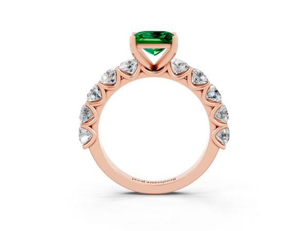 Rose gold Princess Cut Emerald Prong Setting with Side Stones on a Pave Band