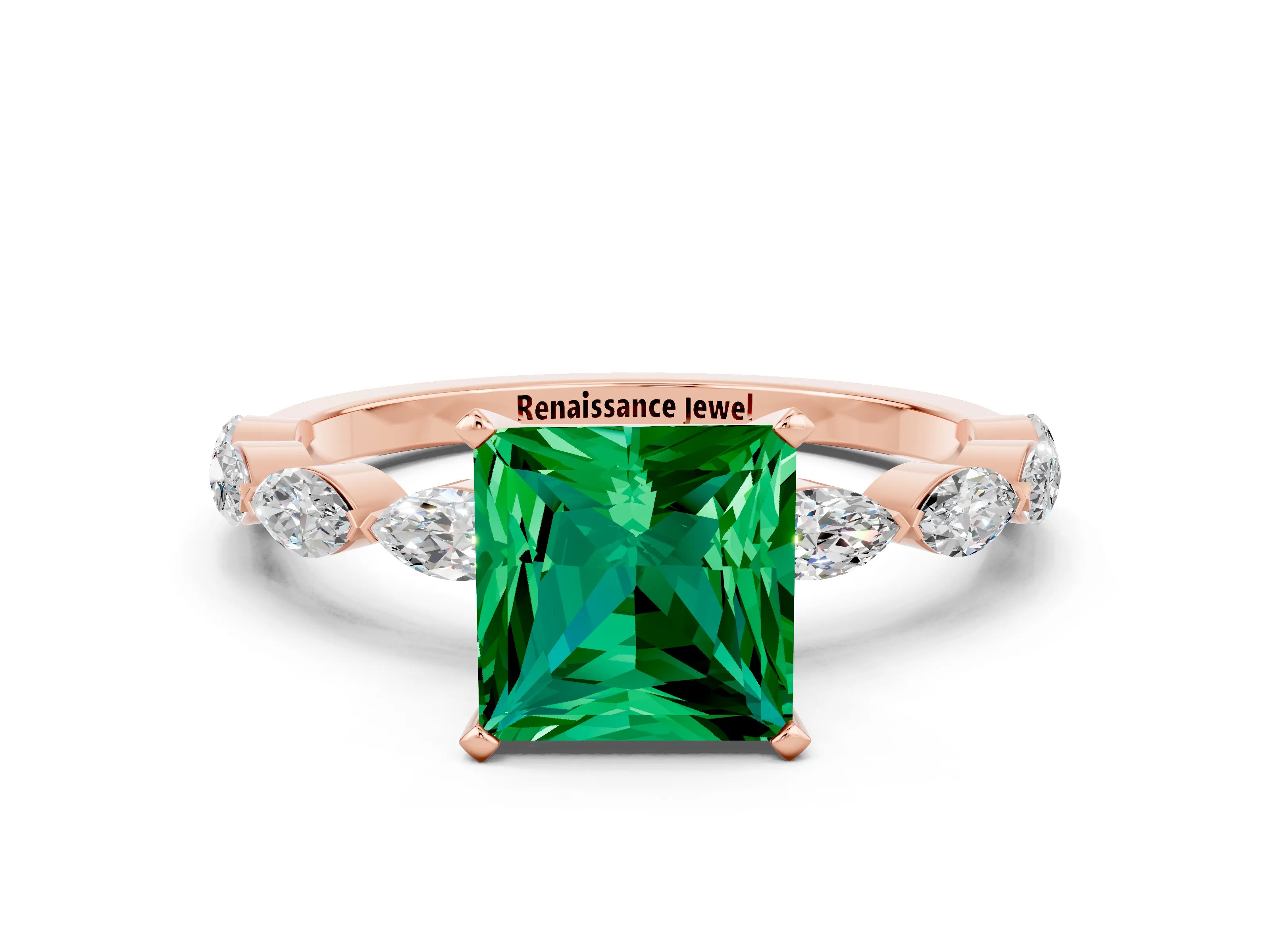 Rose gold Princess Cut Emerald Ring with Marquise Side Stones and Prong Setting