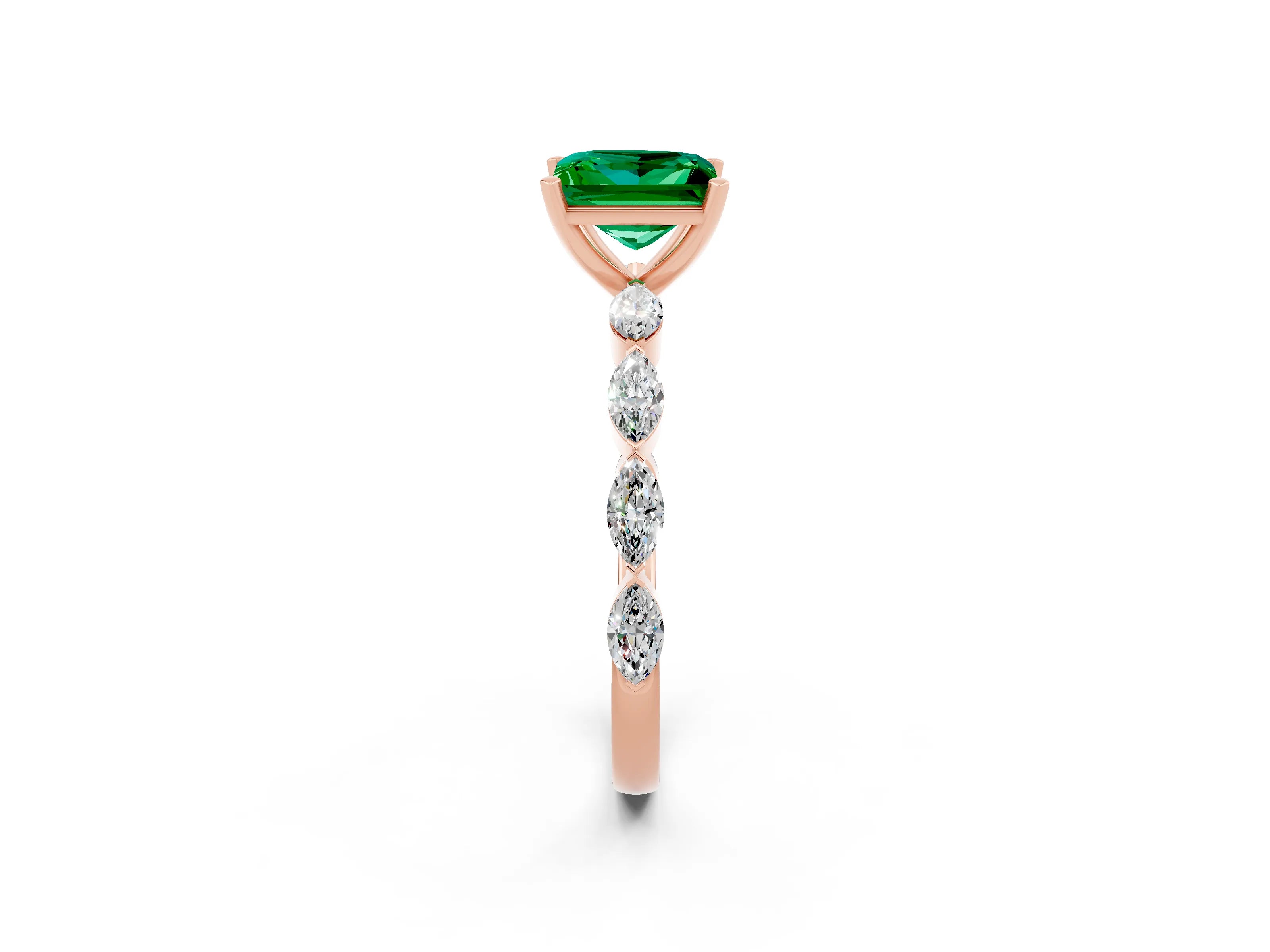 Rose gold Princess Cut Emerald Ring with Marquise Side Stones and Prong Setting_2