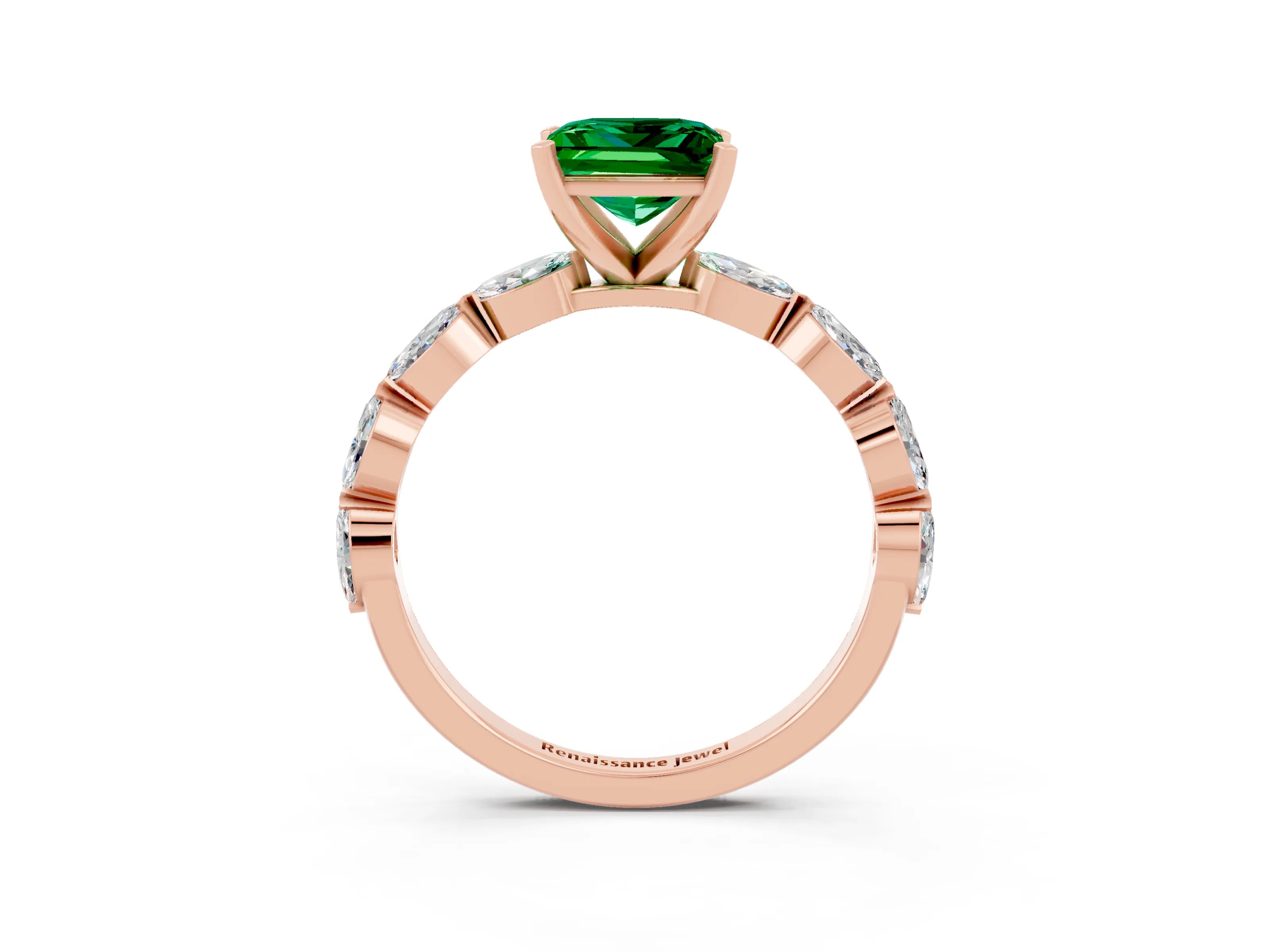 Rose gold Princess Cut Emerald Ring with Marquise Side Stones and Prong Setting_3