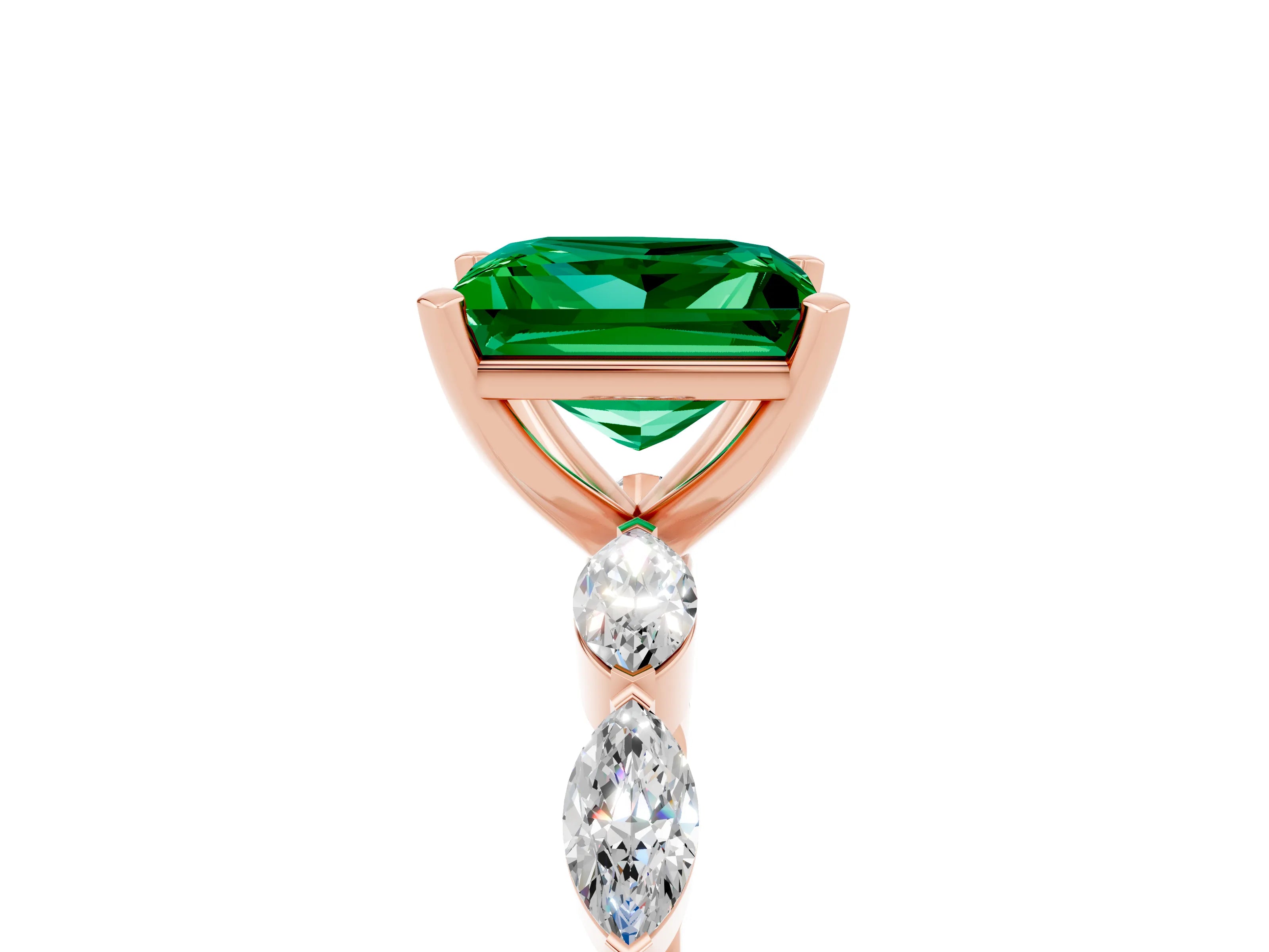 Rose gold Princess Cut Emerald Ring with Marquise Side Stones and Prong Setting_5