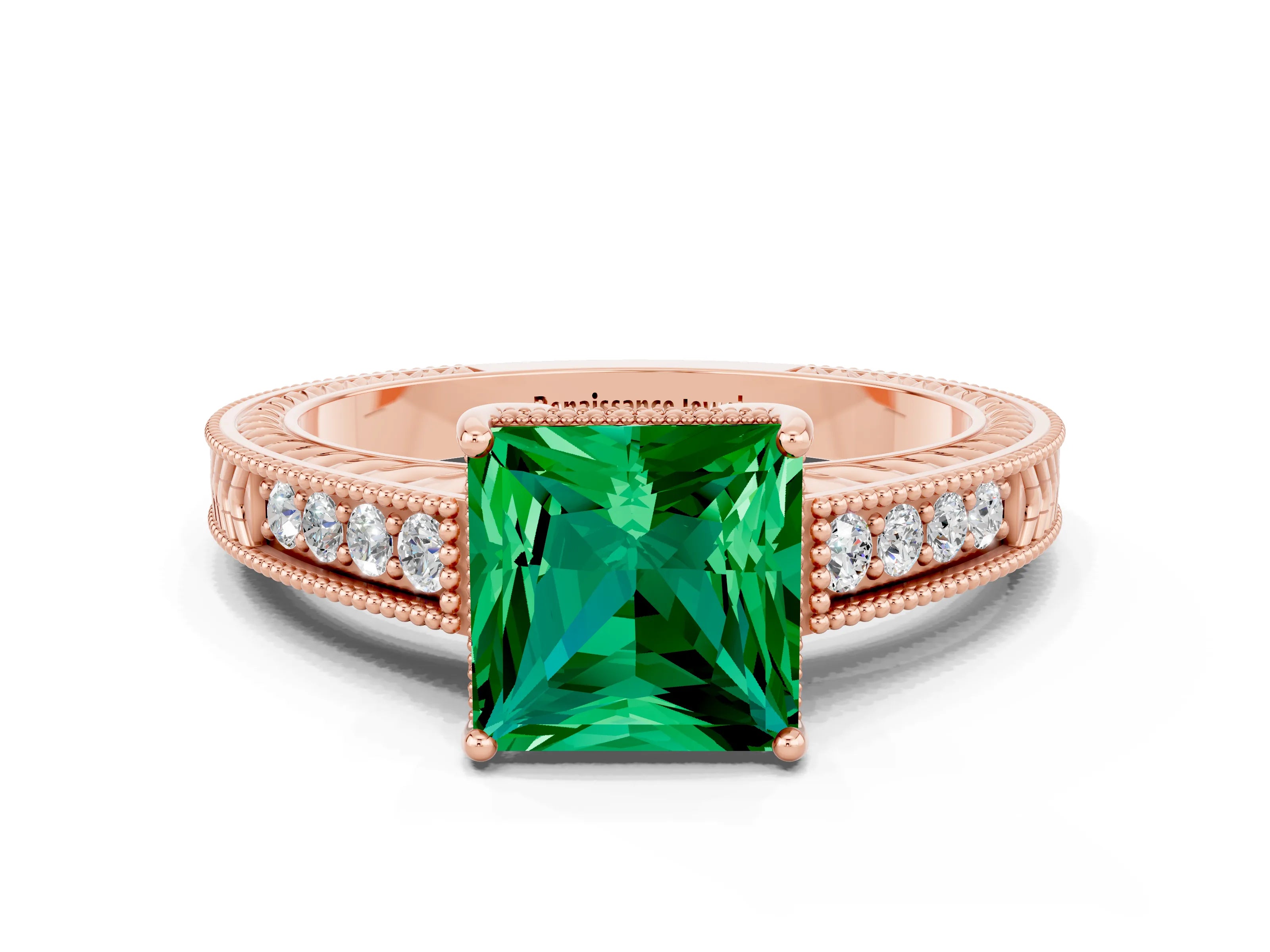 Rose gold Princess Cut Emerald Ring with Milgrain Pavé Band and Four-Prong Setting_12