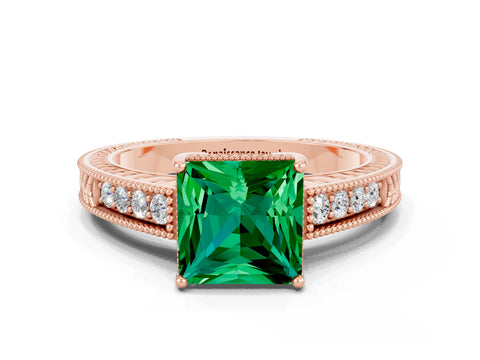 Rose gold Princess Cut Emerald Ring with Milgrain Pavé Band and Four-Prong Setting_12