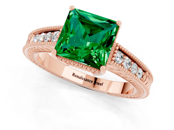 Rose gold Princess Cut Emerald Ring with Milgrain Pavé Band and Four-Prong Setting