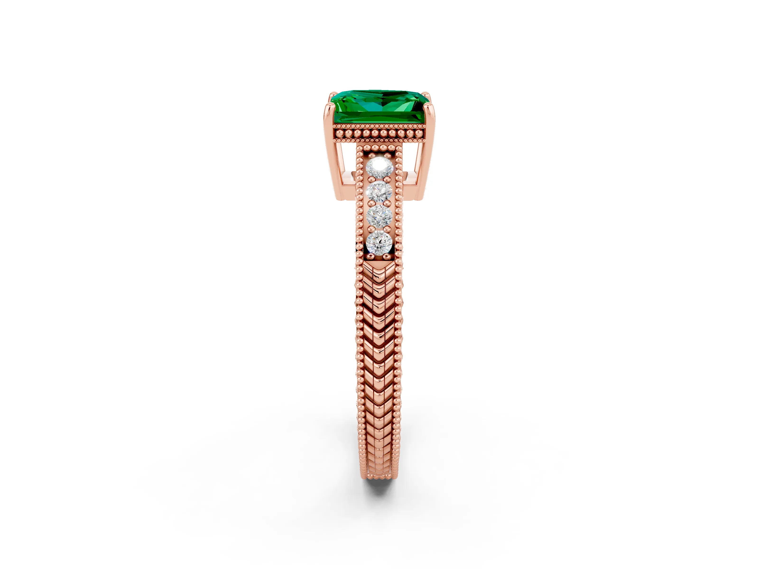 Rose gold Princess Cut Emerald Ring with Milgrain Pavé Band and Four-Prong Setting_14