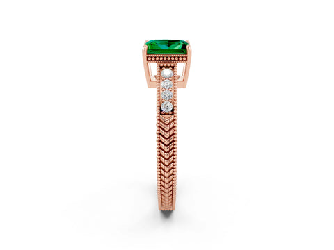 Rose gold Princess Cut Emerald Ring with Milgrain Pavé Band and Four-Prong Setting_14
