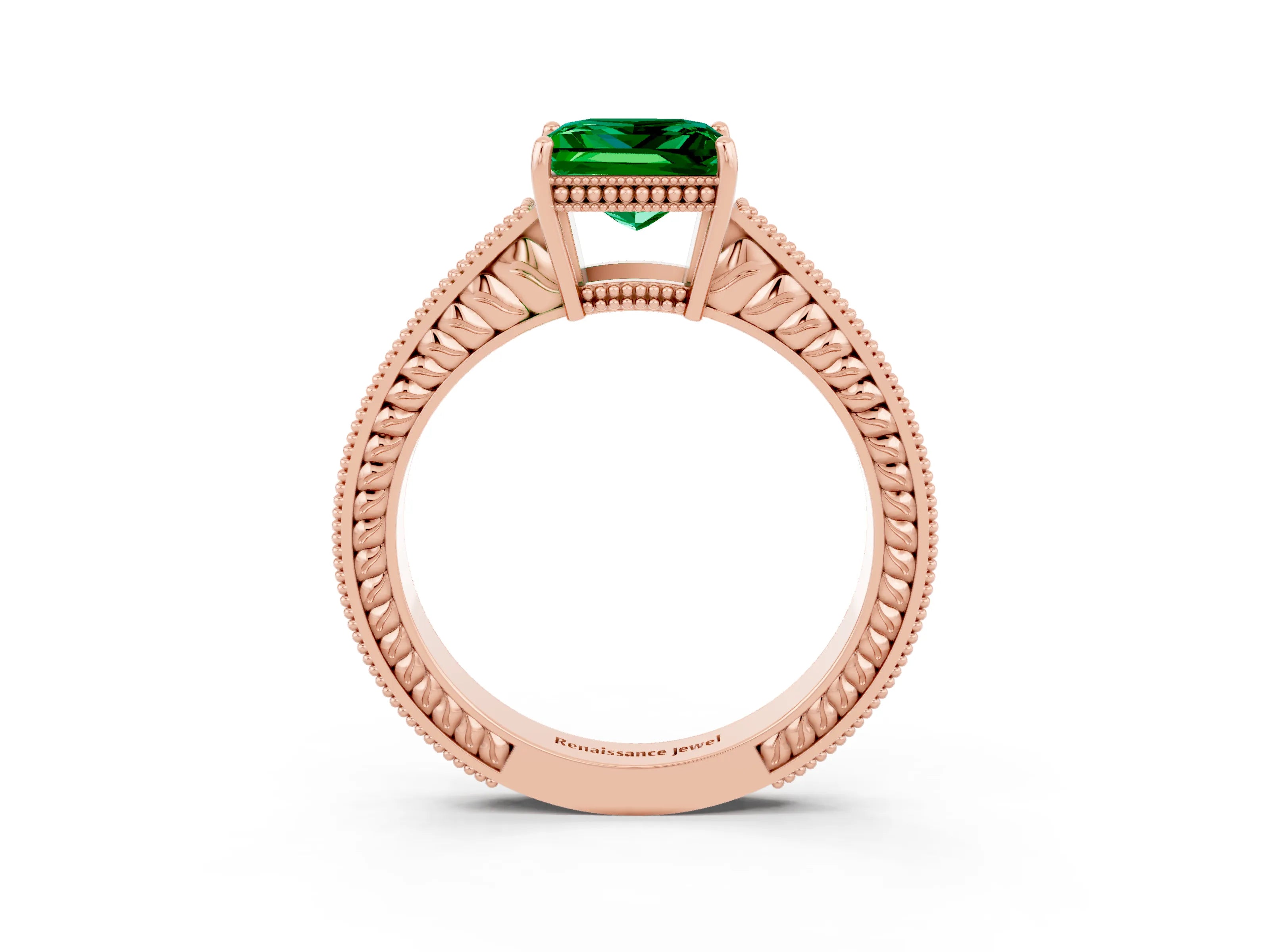 Rose gold Princess Cut Emerald Ring with Milgrain Pavé Band and Four-Prong Setting_15
