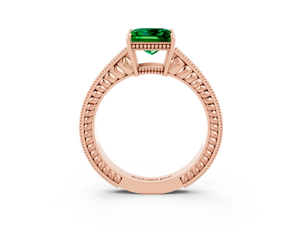 Rose gold Princess Cut Emerald Ring with Milgrain Pavé Band and Four-Prong Setting