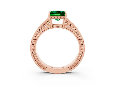 Rose gold Princess Cut Emerald Ring with Milgrain Pavé Band and Four-Prong Setting_15