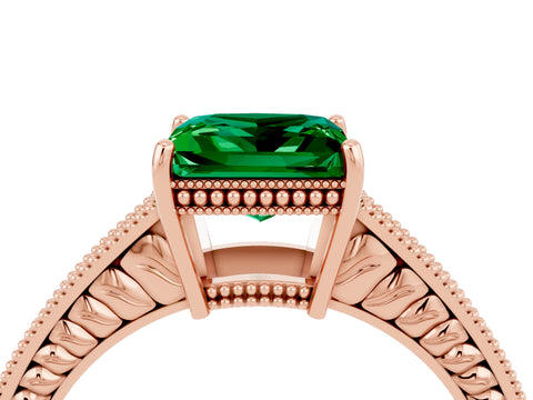 Rose gold Princess Cut Emerald Ring with Milgrain Pavé Band and Four-Prong Setting_16