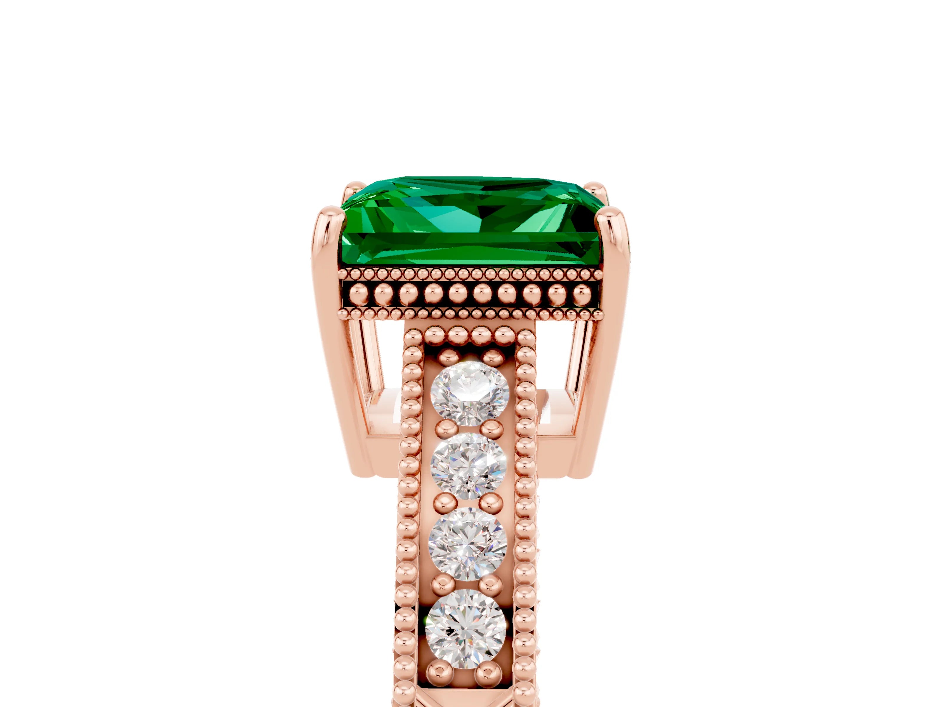Rose gold Princess Cut Emerald Ring with Milgrain Pavé Band and Four-Prong Setting_17
