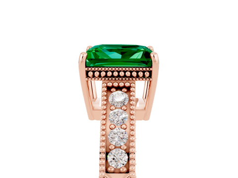 Rose gold Princess Cut Emerald Ring with Milgrain Pavé Band and Four-Prong Setting_17