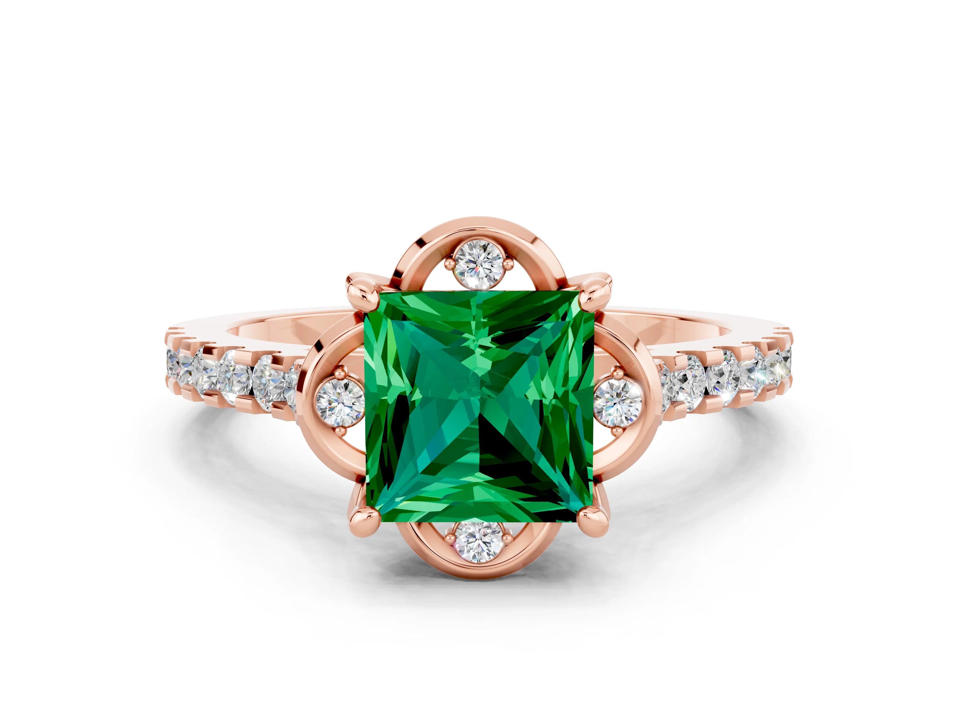 Rose gold Princess Cut Emerald Ring with Pavé Band and Floral Prong Setting