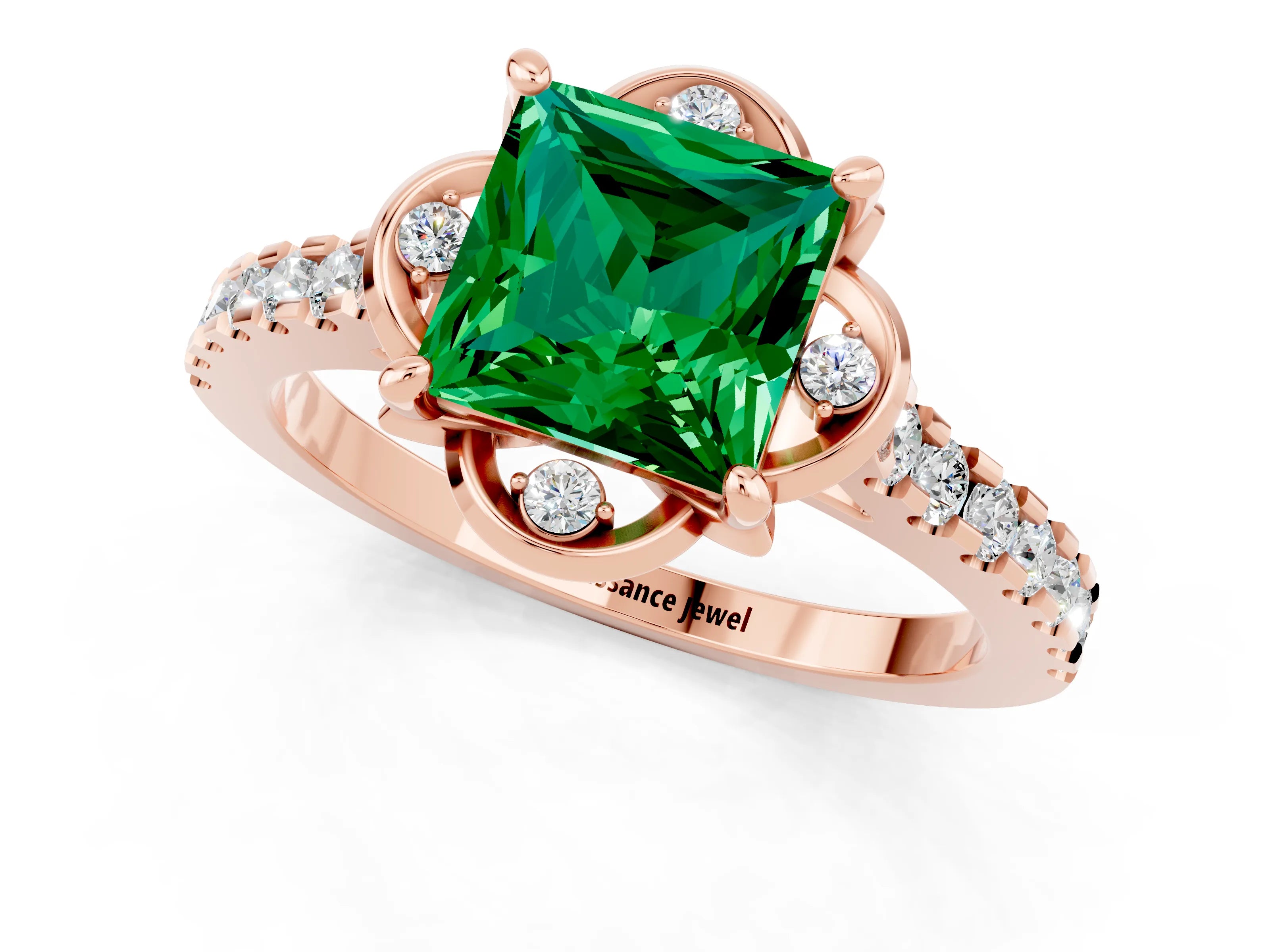 Rose gold Princess Cut Emerald Ring with Pavé Band and Floral Prong Setting_1