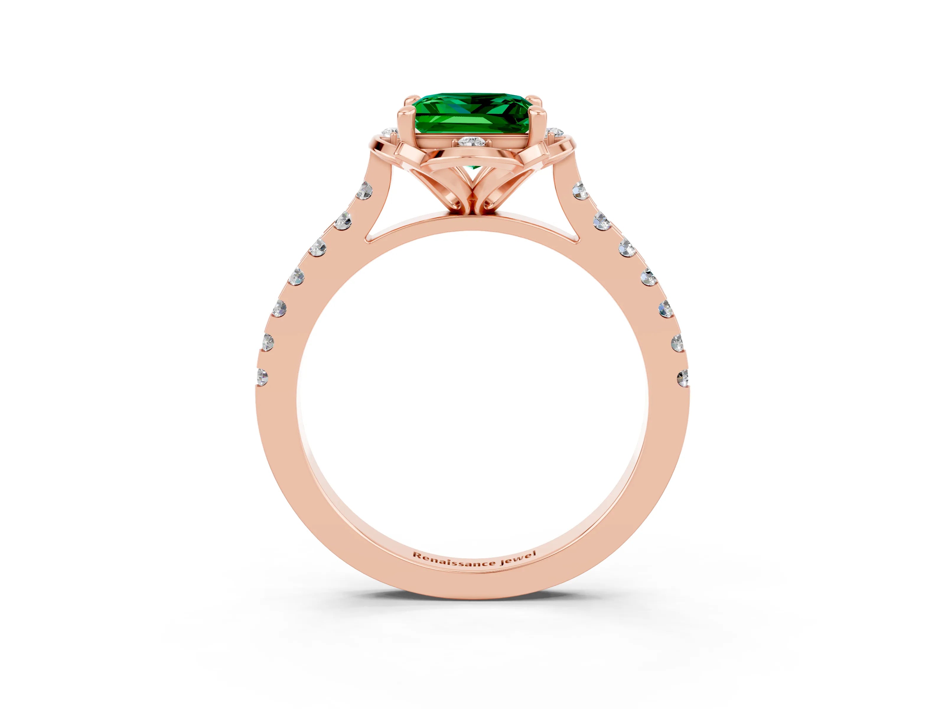 Rose gold Princess Cut Emerald Ring with Pavé Band and Floral Prong Setting_3