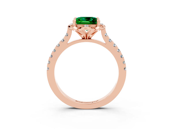 Rose gold Princess Cut Emerald Ring with Pavé Band and Floral Prong Setting