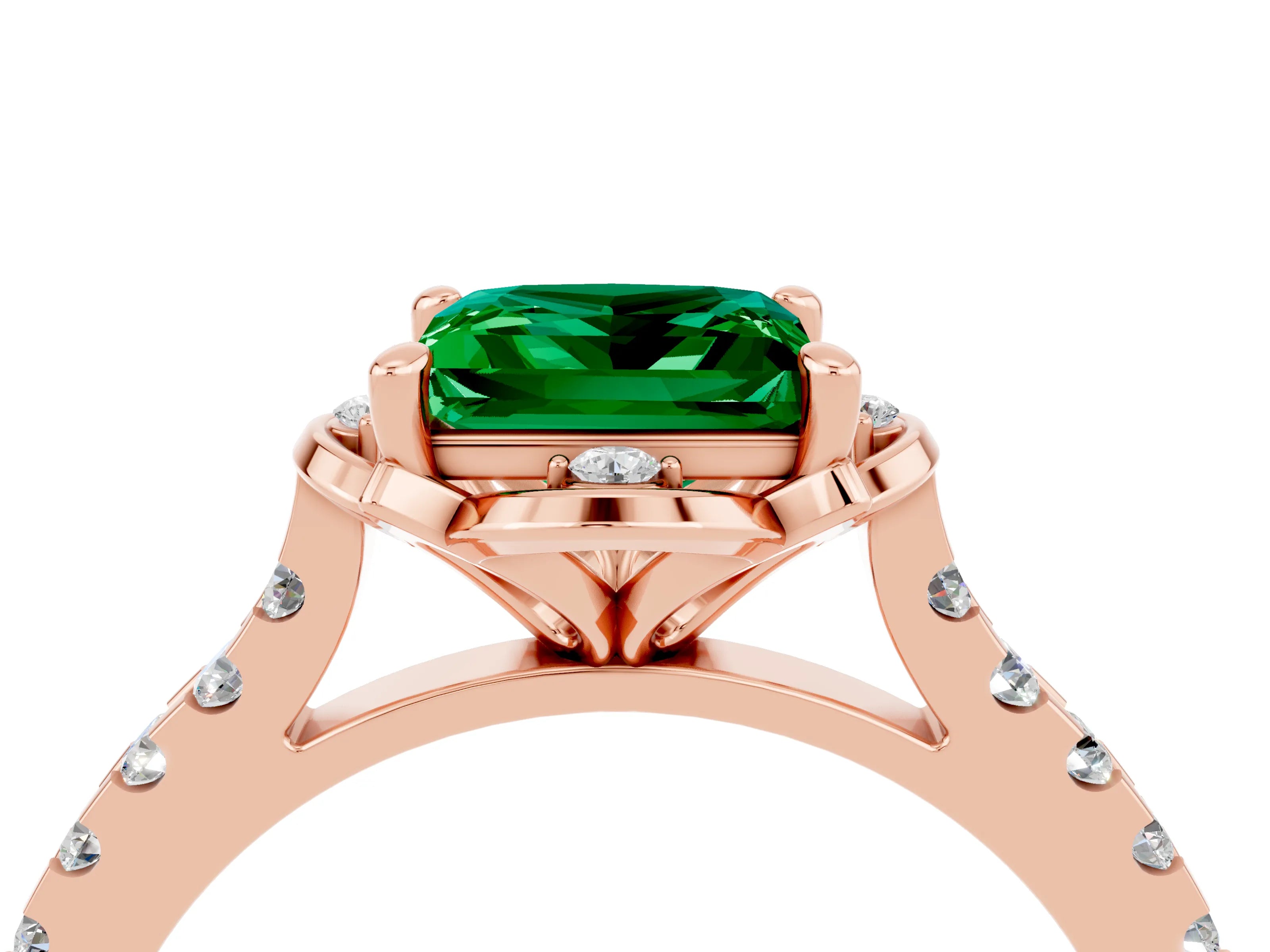 Rose gold Princess Cut Emerald Ring with Pavé Band and Floral Prong Setting_4