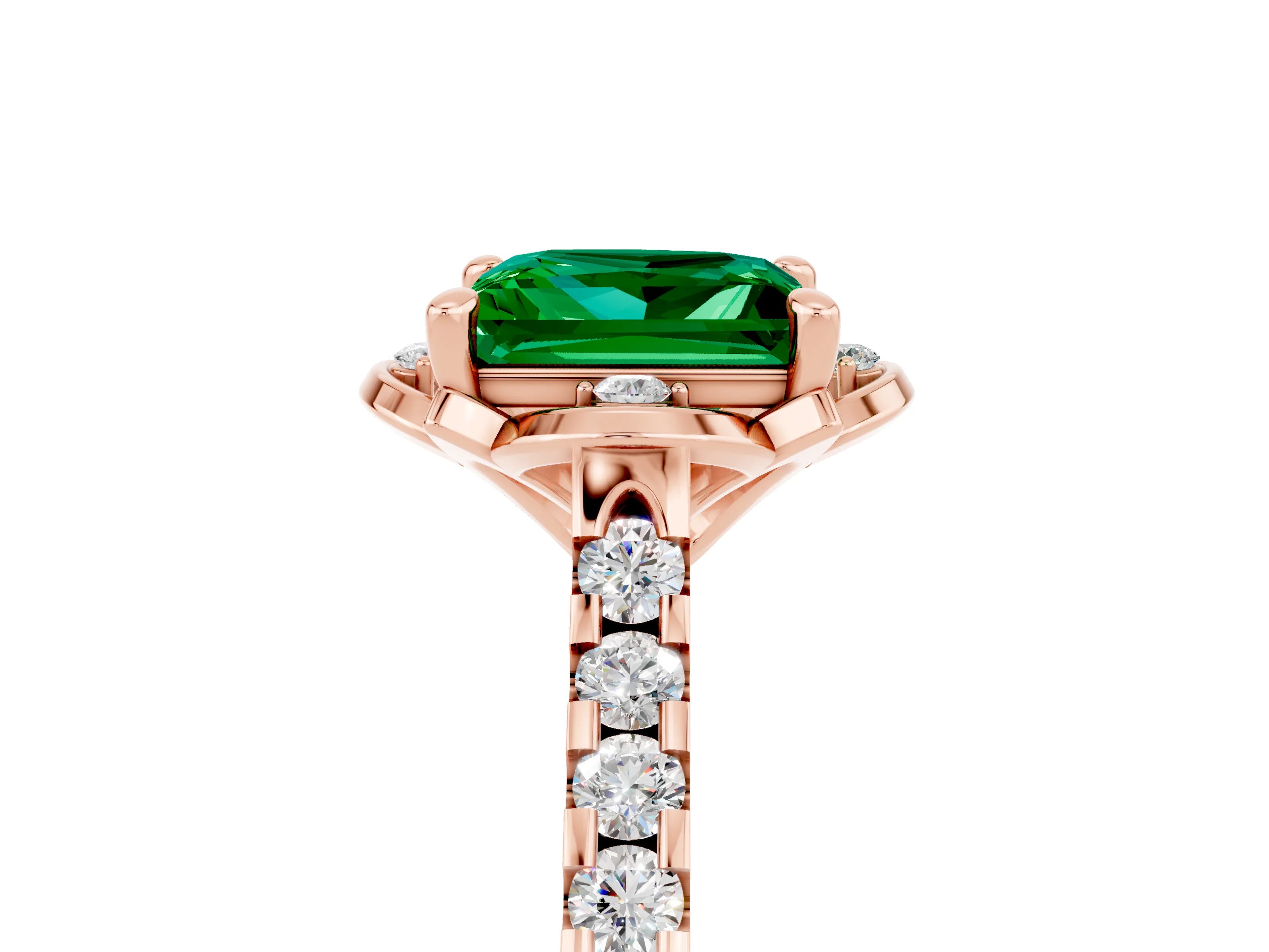 Rose gold Princess Cut Emerald Ring with Pavé Band and Floral Prong Setting_5