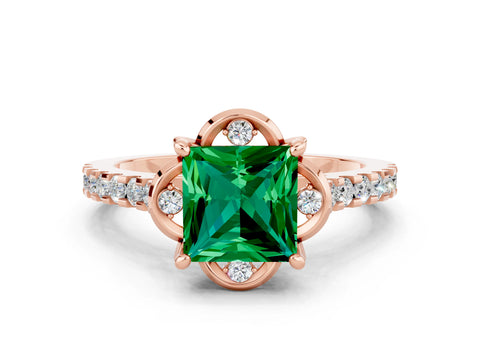 Rose gold Princess Cut Emerald Ring with Pavé Band and Floral Prong Setting