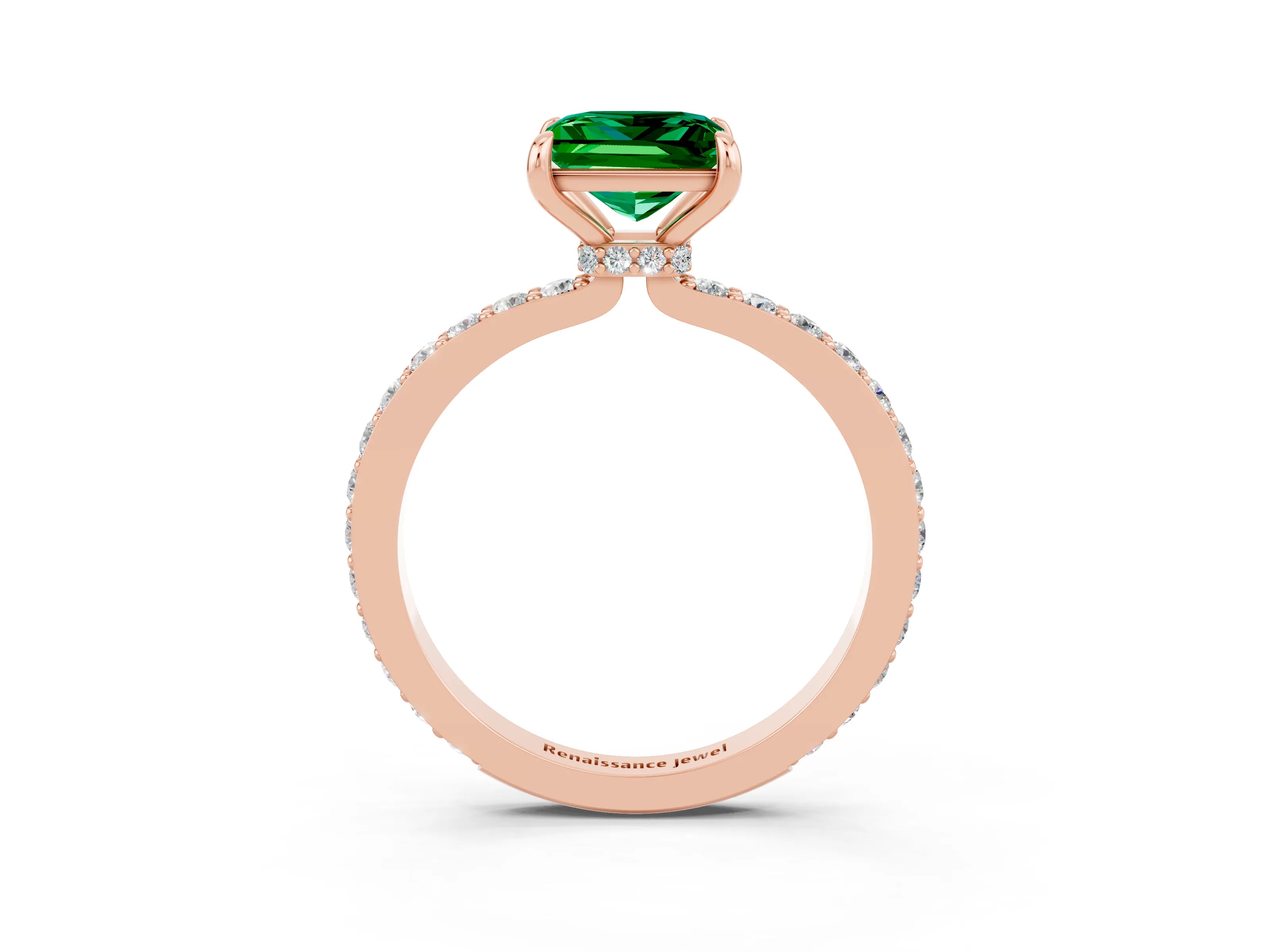 Rose gold Princess Cut Emerald Ring with Pavé Band and Four-Prong Setting_3