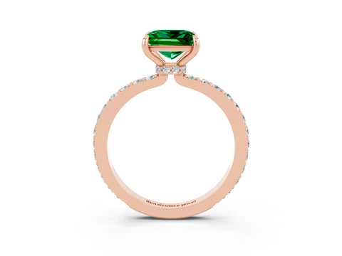 Rose gold Princess Cut Emerald Ring with Pavé Band and Four-Prong Setting_3