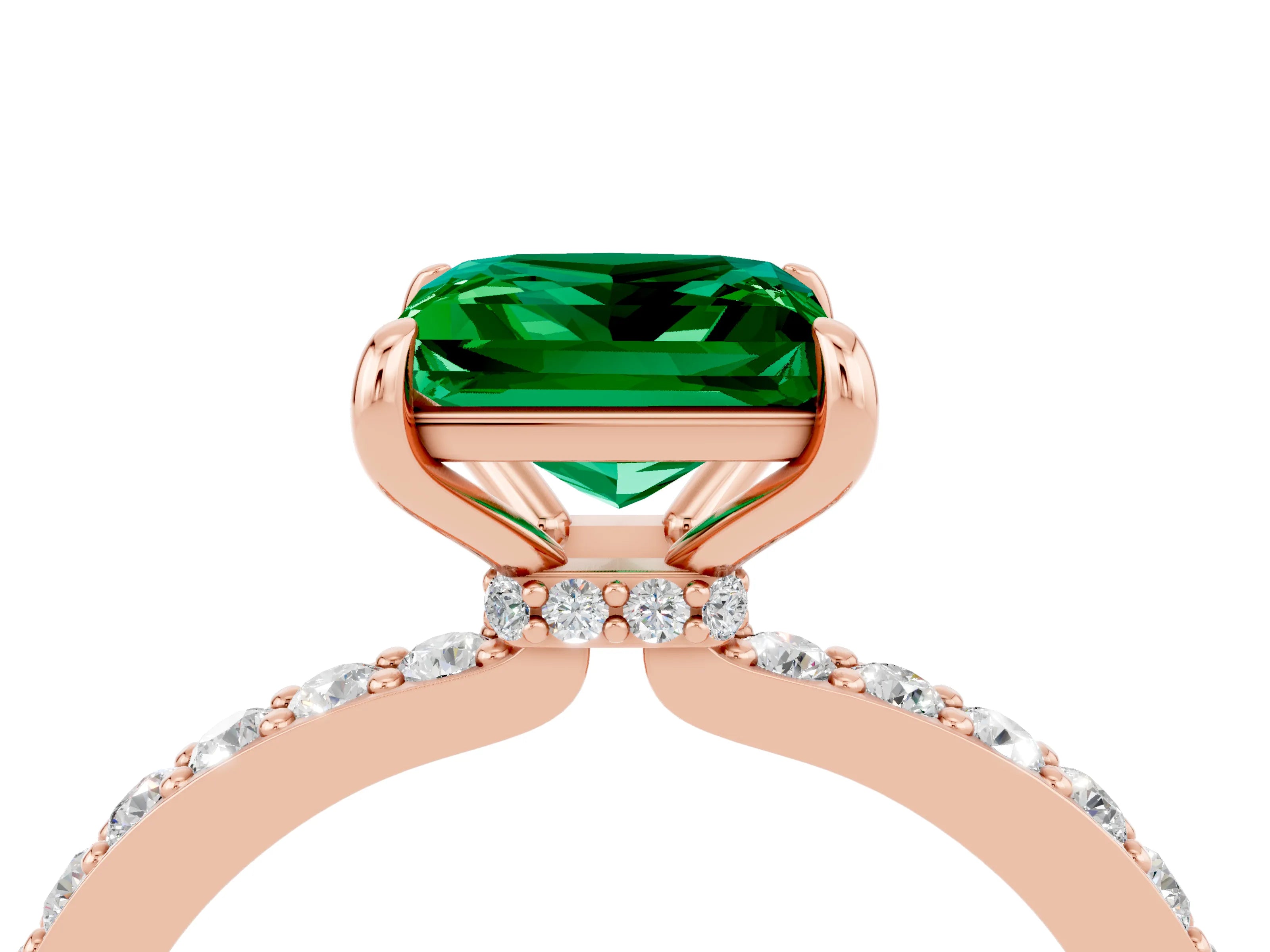 Rose gold Princess Cut Emerald Ring with Pavé Band and Four-Prong Setting_4