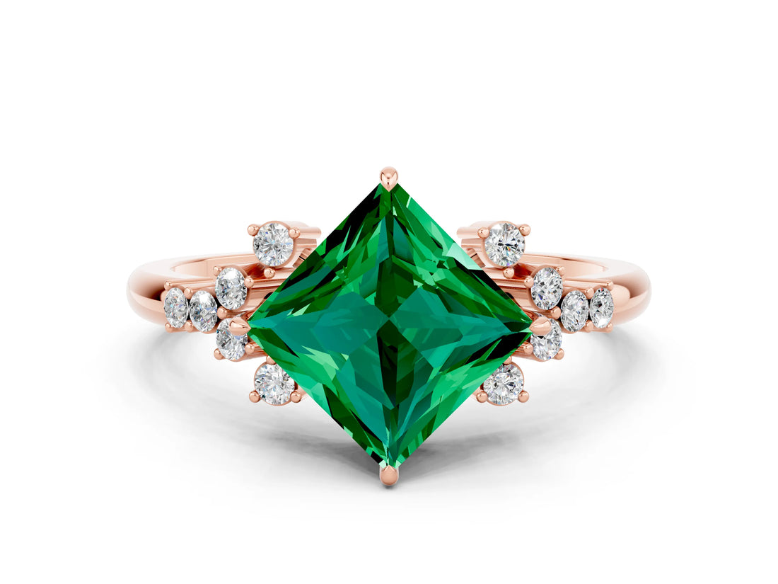 Rose gold Princess Cut Emerald Ring with Side Stones and Four-Prong Setting_36