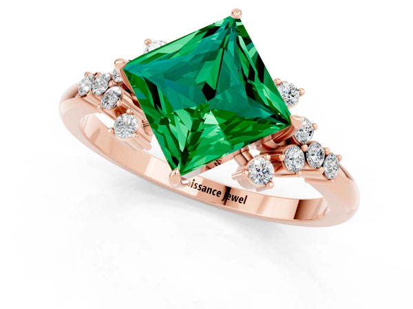 Rose gold Princess Cut Emerald Ring with Side Stones and Four-Prong Setting