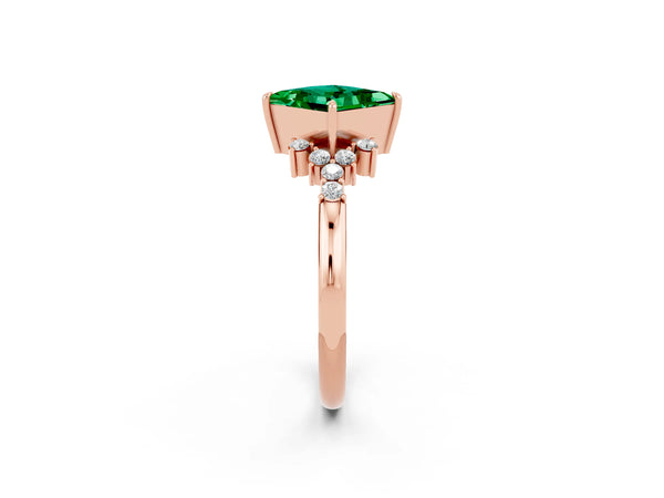 Rose gold Princess Cut Emerald Ring with Side Stones and Four-Prong Setting