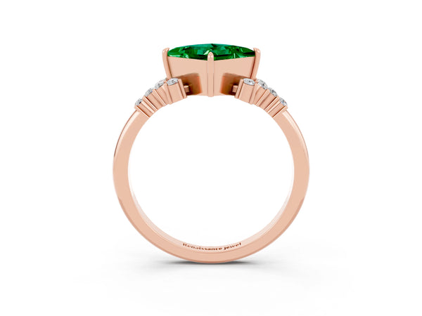 Rose gold Princess Cut Emerald Ring with Side Stones and Four-Prong Setting