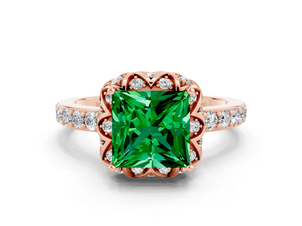 Rose gold Princess Cut Emerald Scalloped Halo Engagement Ring with Round Shared Prong Band