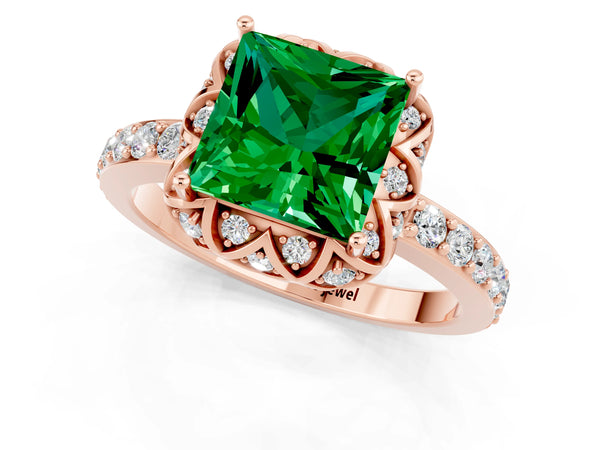 Rose gold Princess Cut Emerald Scalloped Halo Engagement Ring with Round Shared Prong Band