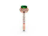 Rose gold Princess Cut Emerald Scalloped Halo Engagement Ring with Round Shared Prong Band_14