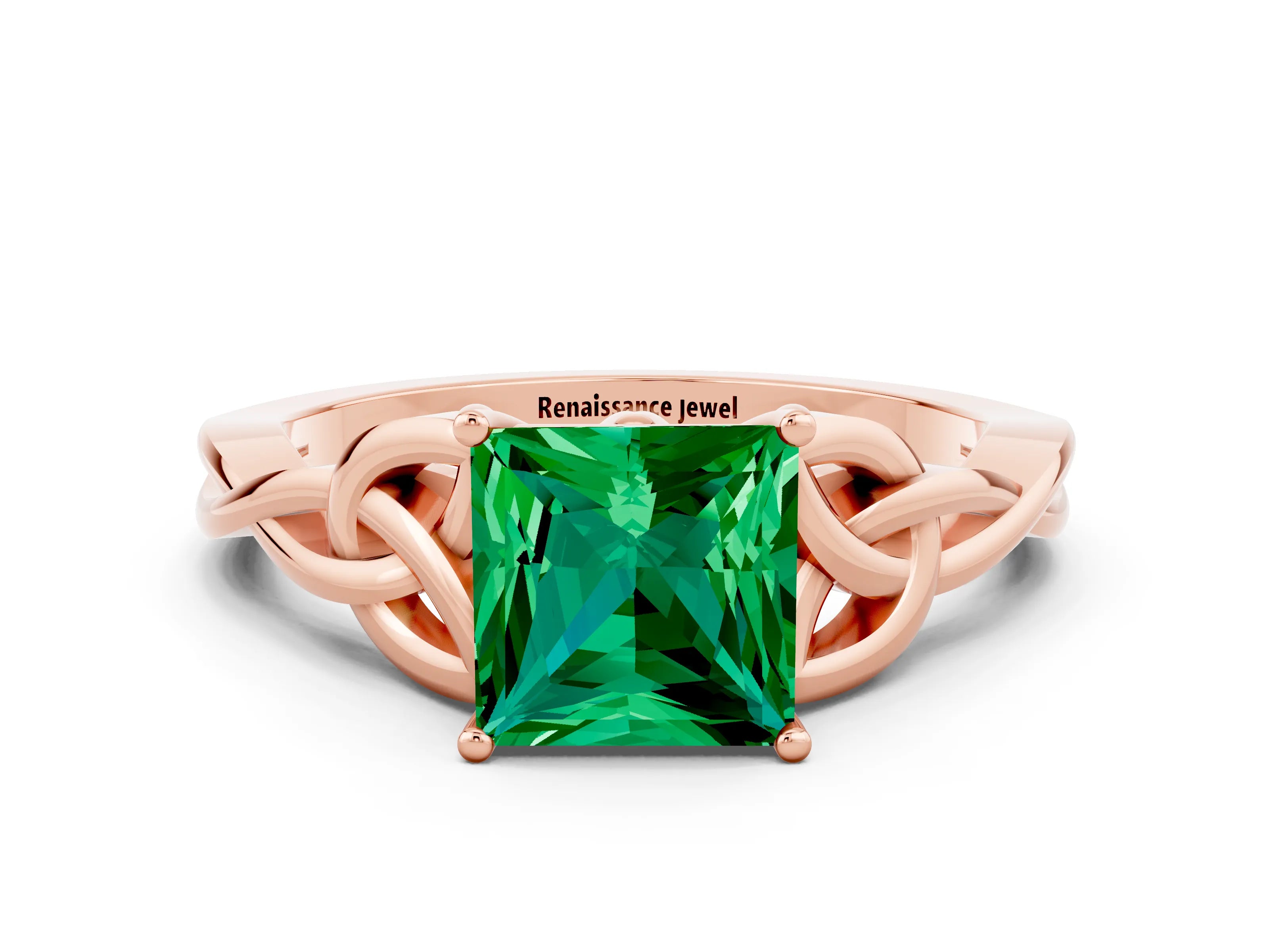 Rose gold Princess Cut Emerald Solitaire Celtic Knot Ring with Four-Prong Setting_12