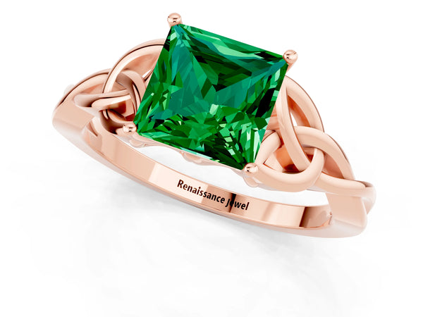 Rose gold Princess Cut Emerald Solitaire Celtic Knot Ring with Four-Prong Setting