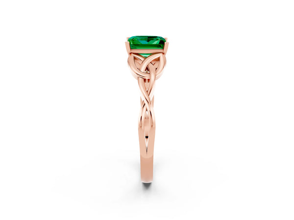 Rose gold Princess Cut Emerald Solitaire Celtic Knot Ring with Four-Prong Setting