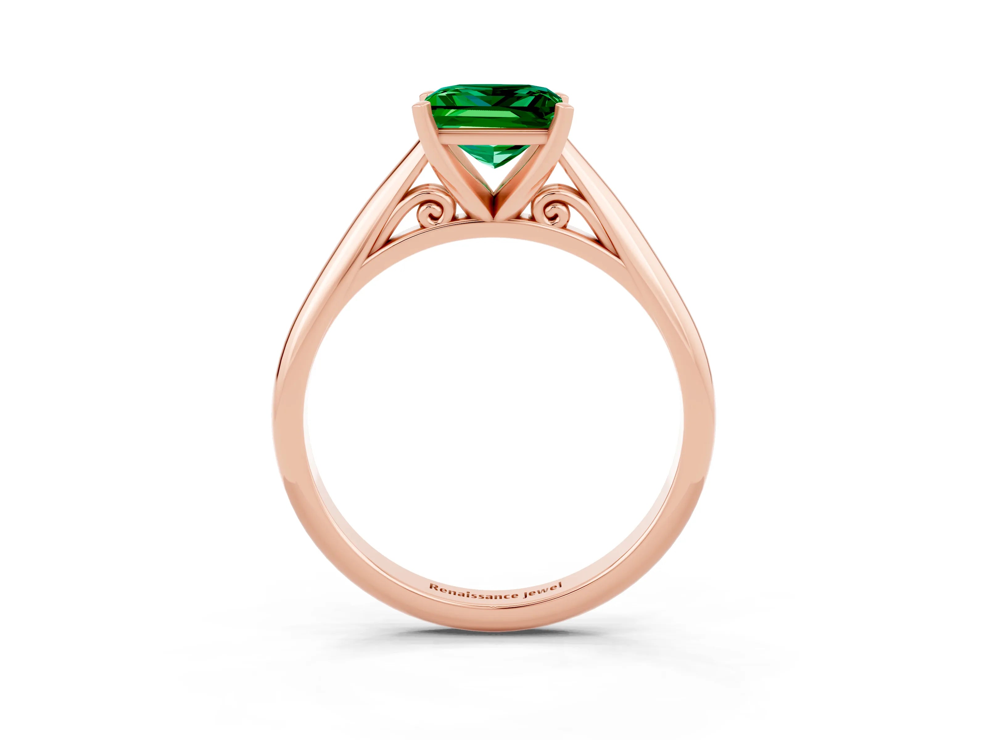 Rose gold Princess Cut Emerald Solitaire Engagement Ring with Cathedral Setting and Four-Prong Mount_15