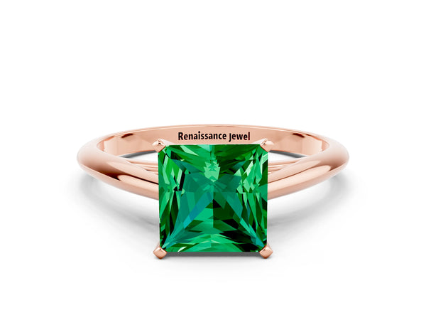 Rose gold Princess Cut Emerald Solitaire Engagement Ring with Cathedral Setting and Four-Prong Mount