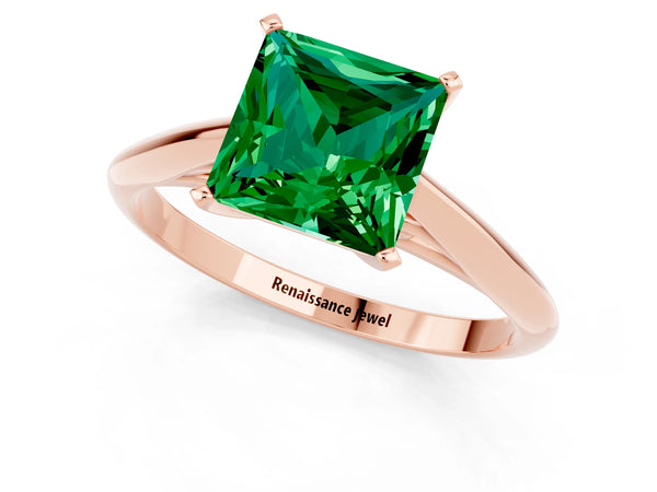 Rose gold Princess Cut Emerald Solitaire Engagement Ring with Cathedral Setting and Four-Prong Mount
