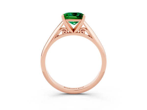 Rose gold Princess Cut Emerald Solitaire Engagement Ring with Cathedral Setting and Four-Prong Mount