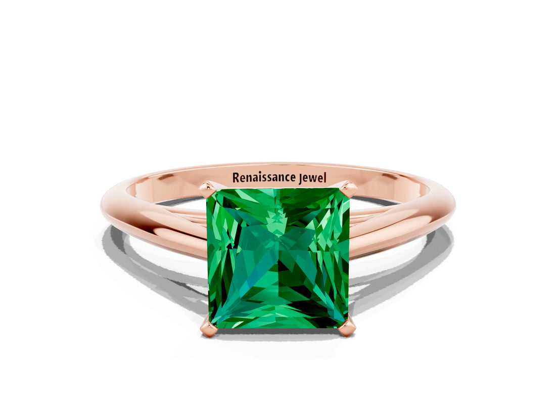 Rose gold Princess Cut Emerald Solitaire Engagement Ring with Cathedral Setting and Four-Prong Mount_66