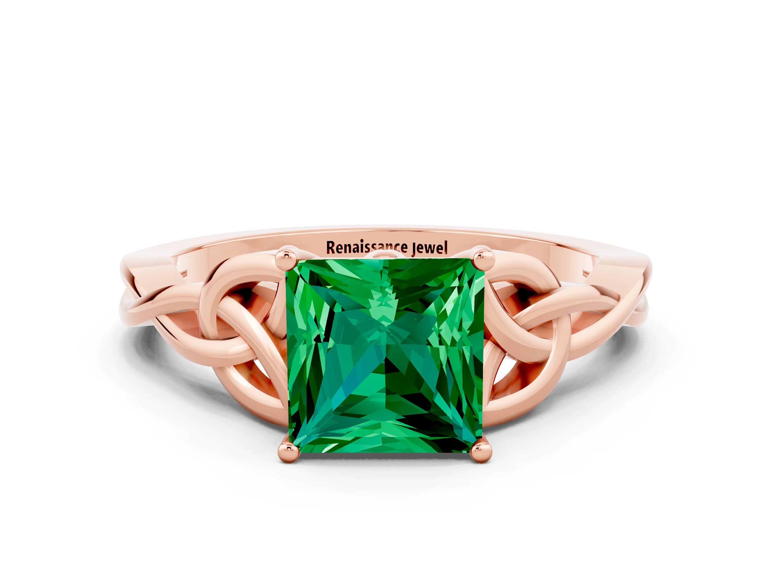Rose gold Princess Cut Emerald Solitaire Engagement Ring with Celtic Knot Band and Four-Prong Setting