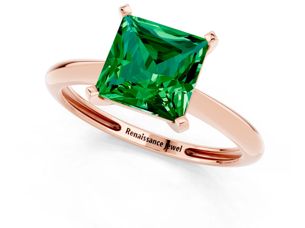 Rose gold Princess Cut Emerald Solitaire Engagement Ring with Classic Band and Four-Prong Setting