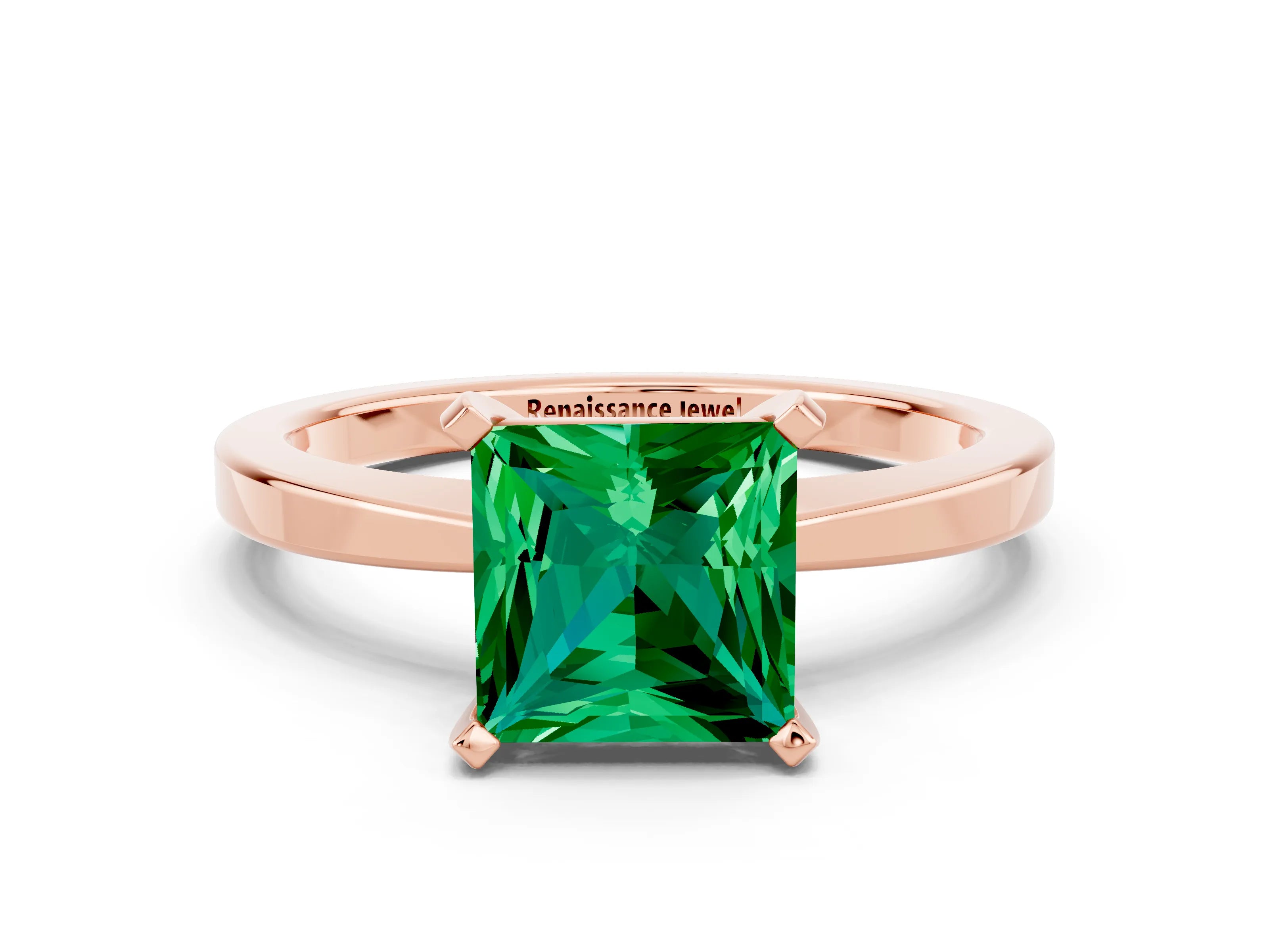 Rose gold Princess Cut Emerald Solitaire Engagement Ring with Classic Band and Four-Prong Setting_24