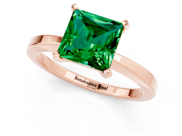 Rose gold Princess Cut Emerald Solitaire Engagement Ring with Classic Band and Four-Prong Setting