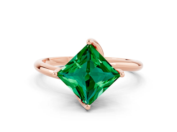 Rose gold Princess Cut Emerald Solitaire Engagement Ring with Four-Prong Setting and Classic Band