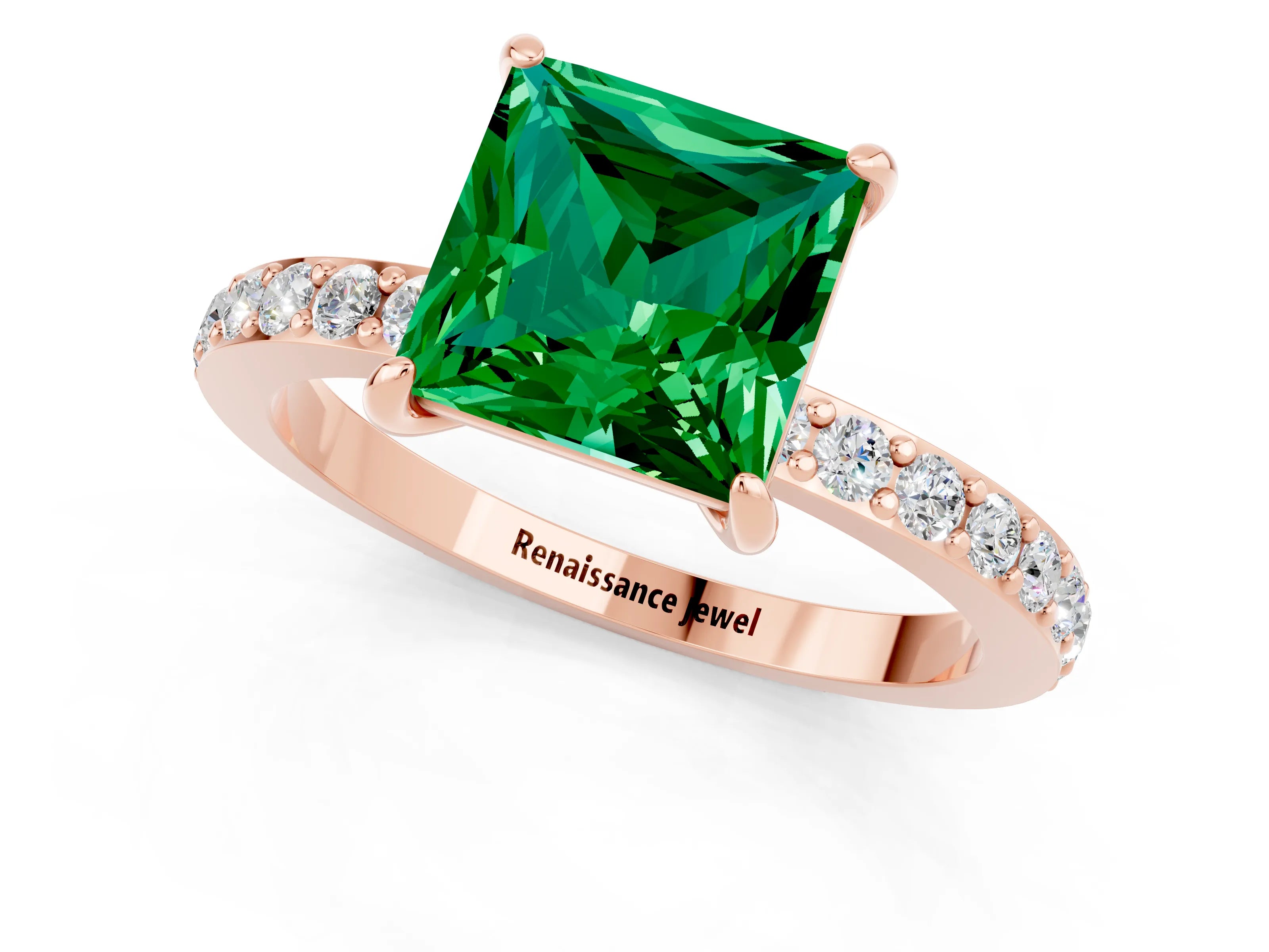 Rose gold Princess Cut Emerald Solitaire Engagement Ring with Pavé Band and Four-Prong Setting_1