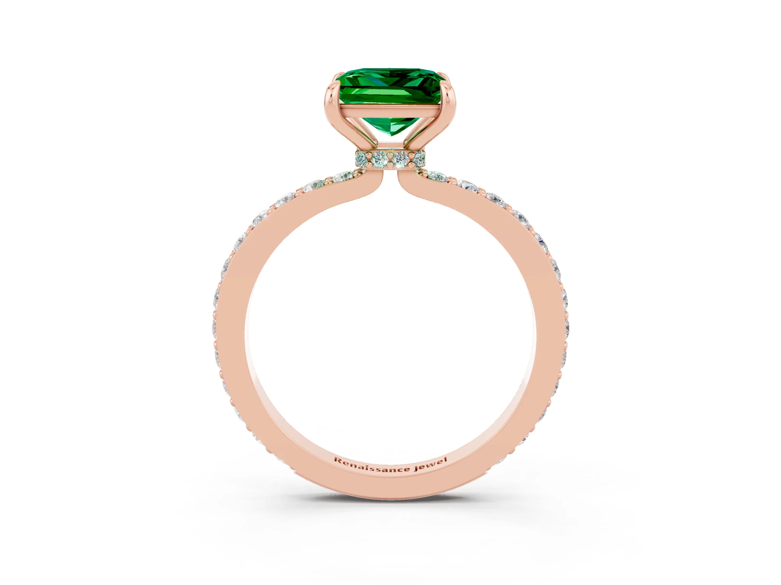 Rose gold Princess Cut Emerald Solitaire Engagement Ring with Pavé Band and Four-Prong Setting_3