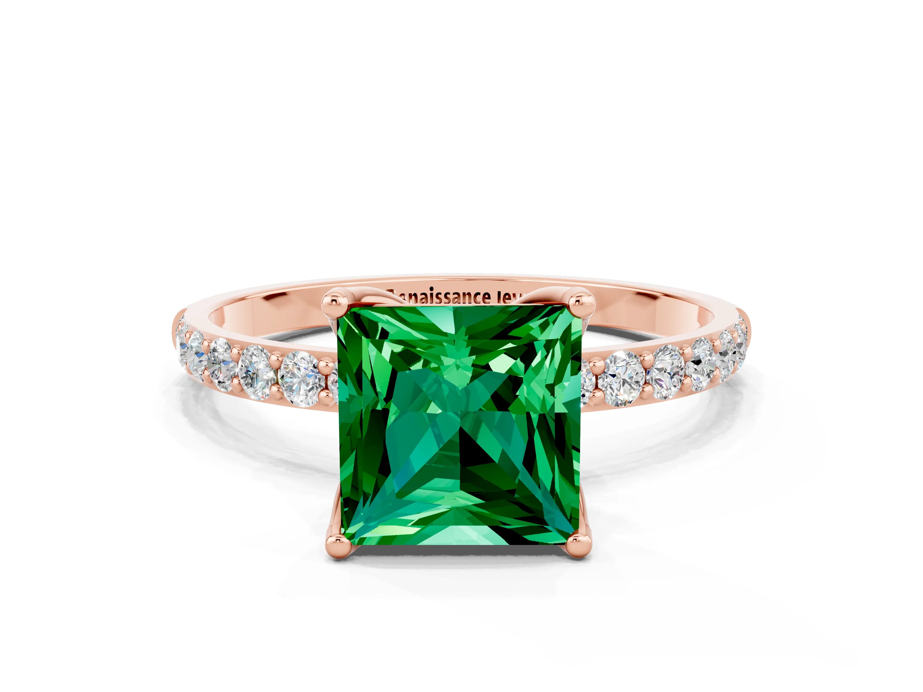 Rose gold Princess Cut Emerald Solitaire Engagement Ring with Pavé Band and Prong Setting
